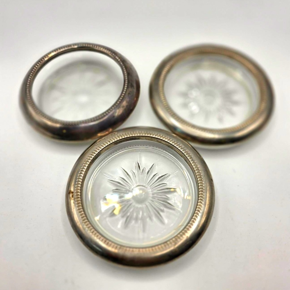 Frank M Whiting Sterling Silver Glass Coasters Set of 3 Sunburst Beaded 4 inch